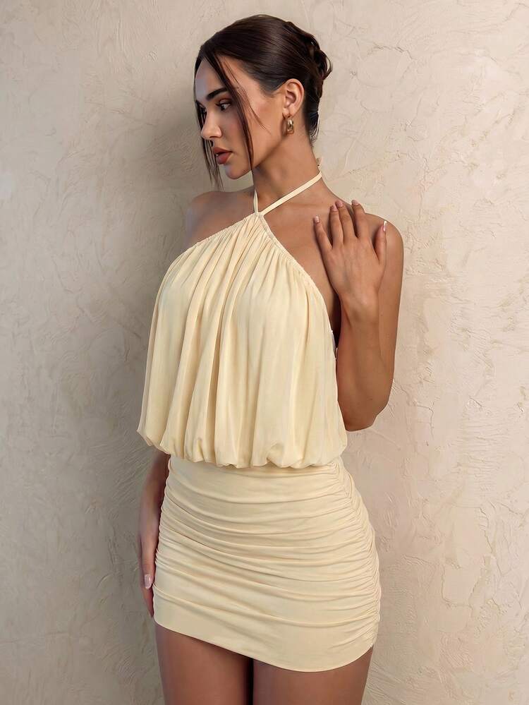 Glamine Yellow Mesh Halter Mini Dress Tie Open Back Ruched Bodycon Lined Y2K Coastal Summer Beach Vacation Festival Birthday Cocktail - Yellow - View 3