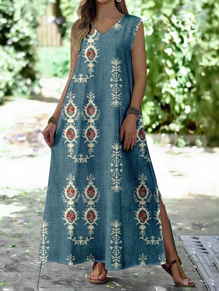 EMERY ROSE Women's V-Neck Sleeveless Vintage Loose Slit Dress, Summer Dresses Maxi For Women Boho Chic Clothing Bohemian - Blue - View 3