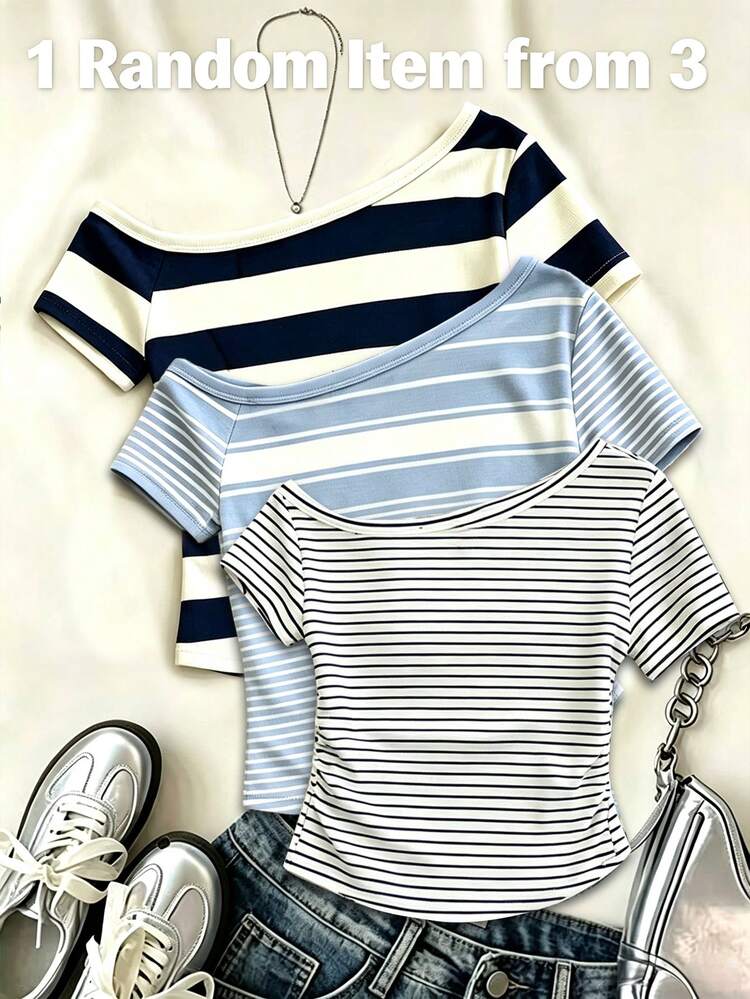 Tween Girls Digital Print Cross-Shoulder Short Sleeve Top, 3-In-1, All-Season Casual Comfortable, Spring/Summer Style, Versatile Summer Outfit, Suitable For Outdoor Sports, Picnic, Street Photography, Vacation, Holiday, Gift, Daily Wear, Classic Polka Dot, Grey And Blue - Multicolor - View 2