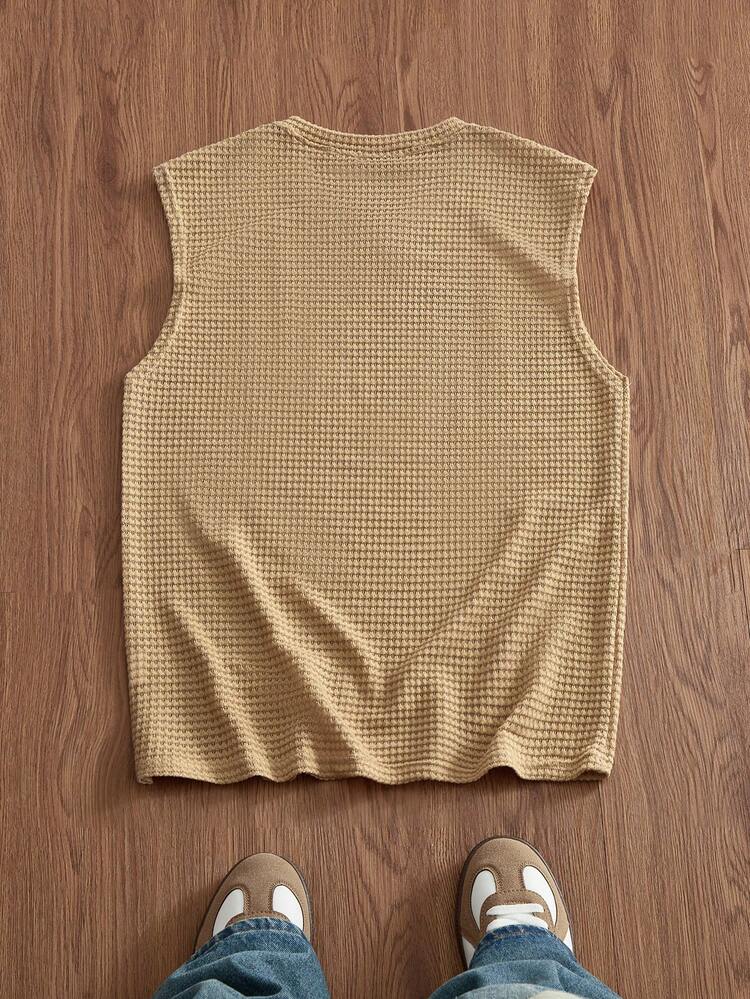 SWAVVY Men's Summer Casual Loose Fit Sleeveless Tank Top T-Shirt Standard Size Apricot V-Neck Plain - Apricot - View 3