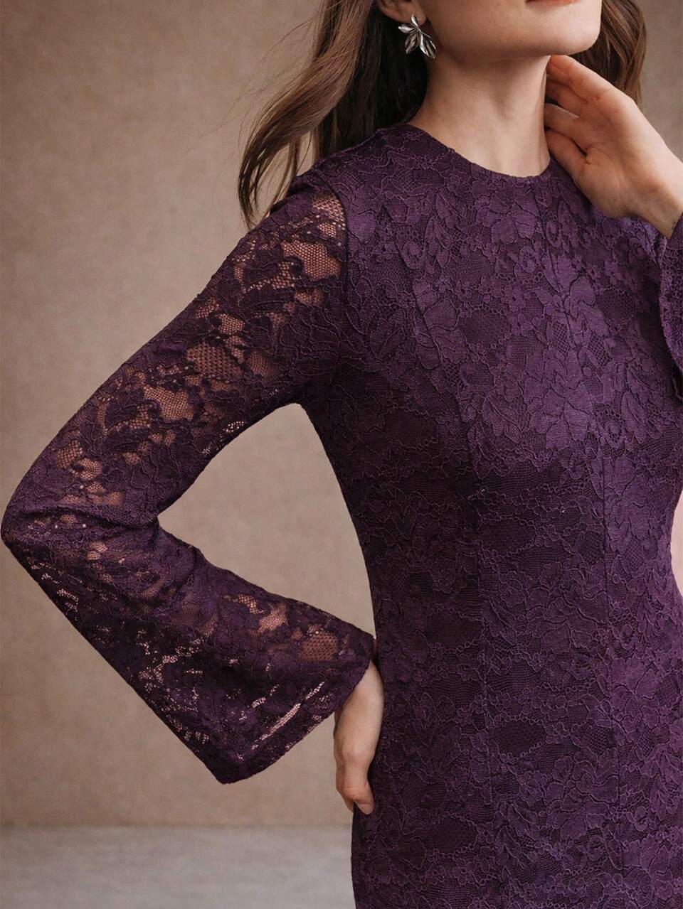 Women's Long Autumn/Winter Dress, Elegant Long Sleeve Lace Dress, Round Neck Slim Fit, Suitable For New Year, Christmas, Valentine's Day, Party, Wedding And Other Occasions, Fashionable, Elegant And Formal