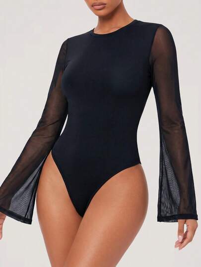 SHEIN BASICS Women's Simple Sexy Versatile Mesh Patchwork Long Sleeve Bodysuit Night Club Night Out Black Autumn Sexy