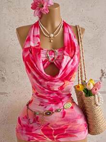 Rometta Plus Size Women's Halter Neck Metal Decor Floral Print Top - Multicolor - View 1