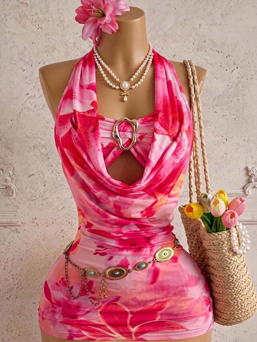 Rometta Plus Size Women's Halter Neck Metal Decor Floral Print Top - Multicolor - View 1