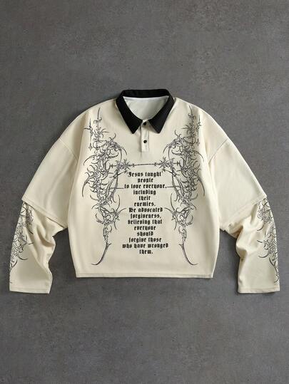 ROMWE MEN Street Life Men's Gothic Pattern 2 In 1 Polo Shirt