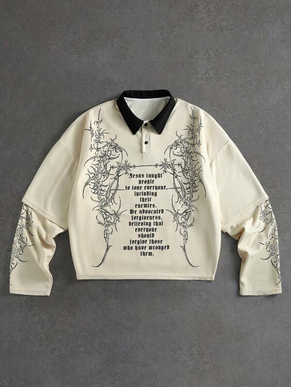 ROMWE MEN Street Life Men's Gothic Pattern 2 In 1 Polo Shirt