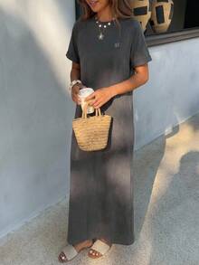 FRIFUL Women Brown Long Embroidered Pattern Dress, Summer Maxi Dress - Light Grey - View 4