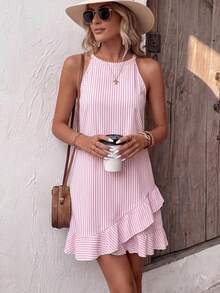 EMERY ROSE New Summer Style For Ladies: French Blue And White Striped Off-The-Shoulder A-Line Dress With Asymmetrical Ruffle Hem And Sleeveless Design For A Slimming Effect, Perfect For Vacation. - Multicolor - View 5