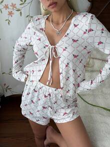 CottageSlumber Conjunto de Pijama Feminino com Cardigan de Tricô Xadrez Floral Miúdo com Amarração na Frente, Manga Longa e Shorts - Multicolorido - Visão 6
