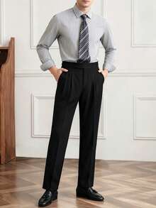 Core Aspect Men's Solid Color Mid-Waist Double Pleated Straight Leg Casual Business Ankle Pants With Zipper And No Belt Loops - Black - View 5