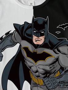 BATMAN X SHEIN Camiseta de manga corta para niño preadolescente con cuello redondo, estampado de dibujos animados, bloques de color, casual y versátil para uso diario y salidas - Blanco - Ver 3