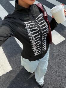 Muchica Black Fitted Women's Long-Sleeve Knit Sun-Protection Jacket, Featuring A Vintage Napoleon-Style Print And Pockets. - Black - View 6