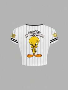 LOONEY TUNES X SHEIN 女士修身条纹卡通图案撞色滚边短袖T恤 - 白色 - 查看 3