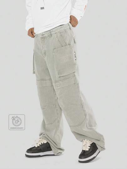 FORM&CHAOS Men's Streetwear Green Embroidered Loose Fit Extra Long Cargo Pocket Jeans