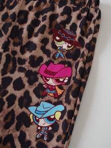 THE POWERPUFF GIRLS X SHEIN 女嬰可愛卡通印花圓領短袖T恤與喇叭豹紋印花褲套裝 - 杏色 - 查看 8