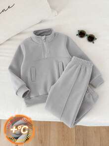 2pcs Boys Fashion Casual Minimalist Half-Zip Stand Collar Sweatshirt & Sweatpants Set, Daily Wear - Light Grey - View 5