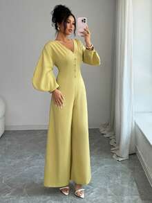 Elenzga Women's Solid Color V-Neck Casual Jumpsuit For Daily Wear - Mustard Yellow - View 6