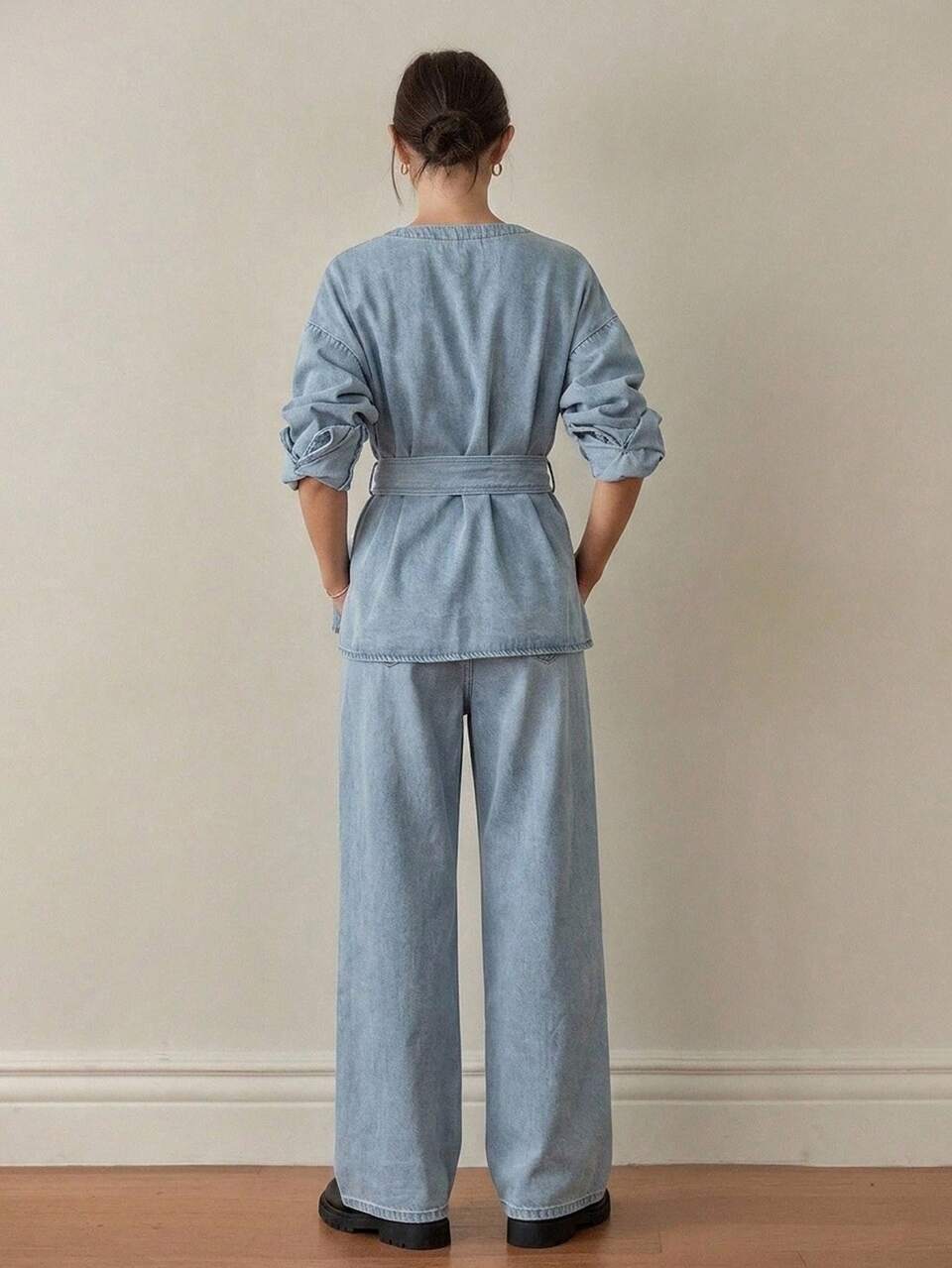 Women's Summer Autumn V-Neck Long Sleeve Button Tie Waist Light Blue Cotton Top With Wide Leg Long Pants Denim Set Everyday Daytime Casual