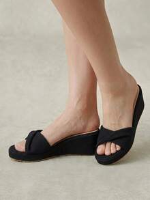 Styleloop Ladies Shoes, Linen Texture, Black, Open-Toed, Wedge Sandals, Retro Style, Suitable For Summer French Casual Vacation Wear - Black - View 4