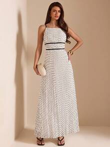SHEIN BAE Summer White And Black Polka Dot Spaghetti Strap Ruched Bodycon A-Line Dress, Brunch Tea Party Vacation Wedding Guest Elegant Romantic - Black and White - View 1