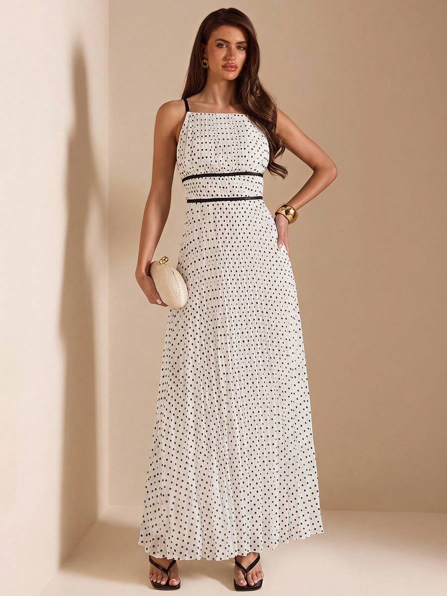 SHEIN BAE Summer White And Black Polka Dot Spaghetti Strap Ruched Bodycon A-Line Dress, Brunch Tea Party Vacation Wedding Guest Elegant Romantic - Black and White - View 1