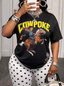 Slaydiva Plus Size Women's Letter & Character Print Short Sleeve T-Shirt And Polka Dot Print Base Shorts Set - Black and White - View 12