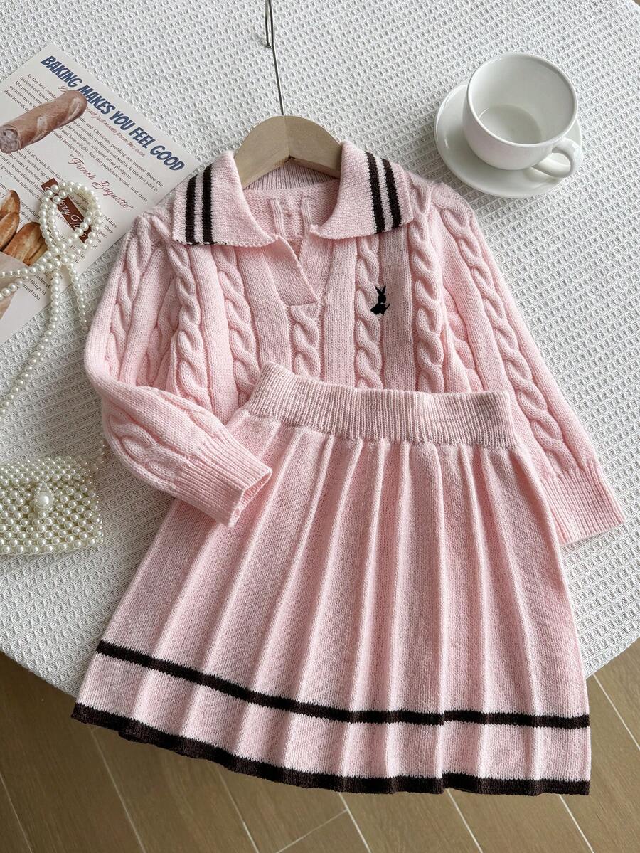 SHEIN 女童粉色針織兩件套,可愛刺繡兔子毛衣 + 針織迷你裙,長袖V領套頭衫附扭繩裝飾,休閒優雅風,適合秋冬 - 粉色 - 查看 1