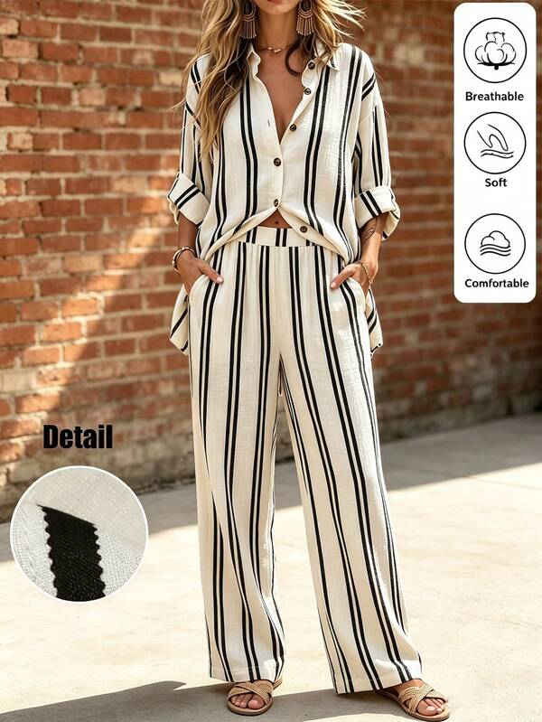SHEIN Ensemble 2 pièces en faux lin rayé pour femmes, chemise ample à manches longues rayée beige & noir et pantalon large, tenue de vacances bohème à la plage