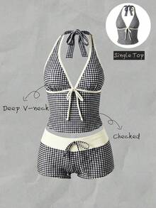 Elavelle Women's Spring/Summer Random Print Spaghetti Strap Bow Tank Bikini Top - Multicolor - View 4