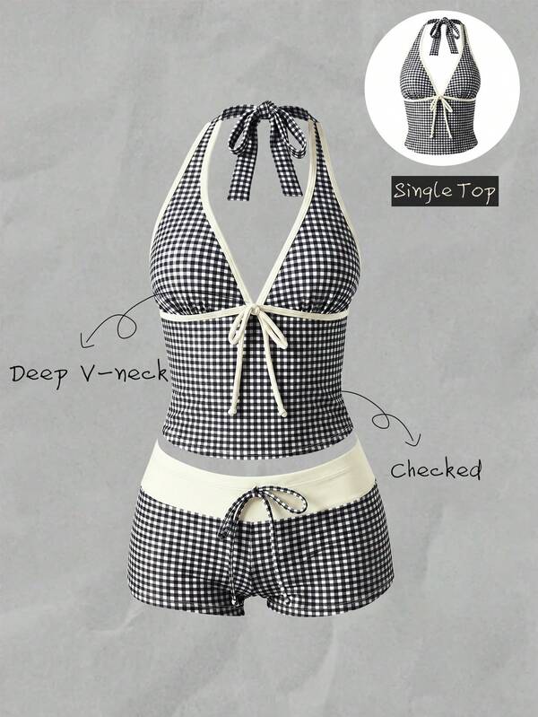 Elavelle Women's Spring/Summer Random Print Spaghetti Strap Bow Tank Bikini Top