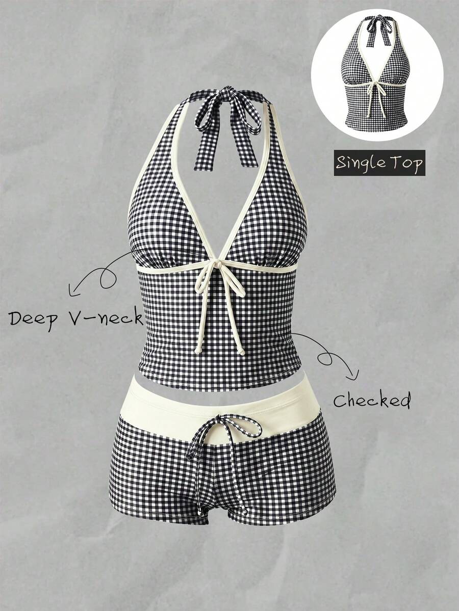 Elavelle Women's Spring/Summer Random Print Spaghetti Strap Bow Tank Bikini Top - Multicolor - View 1