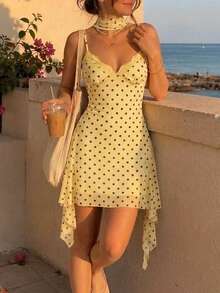 Skyraze Women's Summer Elegant Romantic Gothic Cottagecore Tropical Cute Polka Dot Yellow Print Spaghetti Strap Vacation Picnic Brunch Halloween - Yellow - View 4