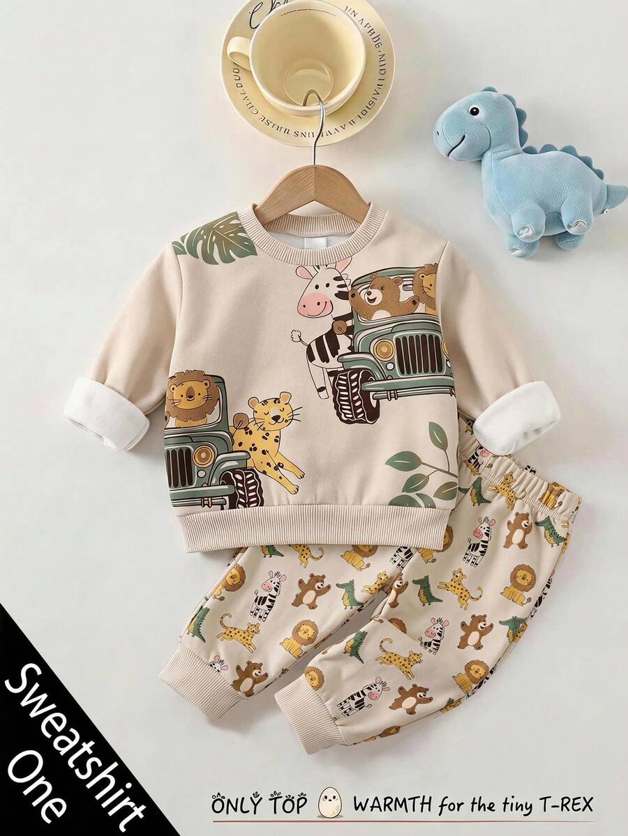 Infant Crew Neck Casual Pullover Sweatshirt, Classic Cute Hand-Drawn Fairy Tale Animal World Print, Animal Protection Patrol , Leopard, Tiger, Lion, Zebra, Crocodile Pattern Print, Suitable For Autumn/Winter - Multicolor - View 1
