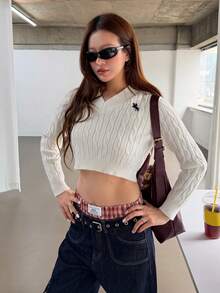 K-Vae Damen Ritter Stickerei Langarm Crop Fashion Pullover - Weiss - Übersicht 1