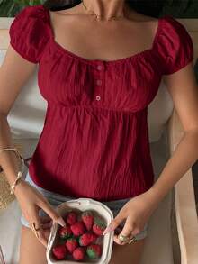 SHEIN EZwear 女款素色百褶休閒百搭日常穿著襯衫 - 紅色 - 查看 8