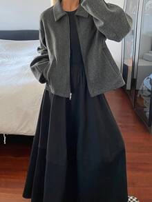 DAZY Women's Solid Color Loose Fit Lapel Zip-Up Long Sleeve Casual Streetwear Spring Autumn Wool Jacket - Grey - View 6