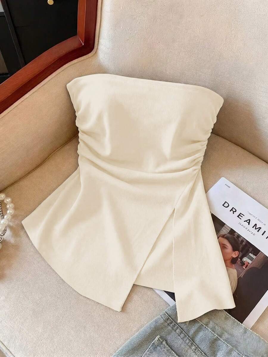 GlowEve CURVE Plus Size Side Ruched Split Hem Bandeau Top Slim Fit Waist Asymmetrical Short Cropped Tube Soft Non-Slip Minimalist Sexy Tank Brunch Beige - Beige - View 1