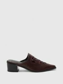 CUCCOO BIZCHIC Pointed Embossed Mules Shoes, Retro Western Style Thick Heel Mules Shoes Fall Shoes - Coffee Brown - View 7