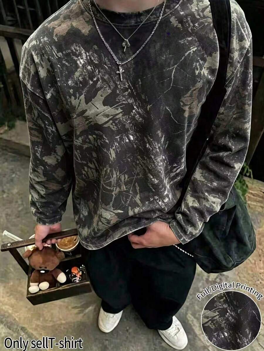 Resyla Men 男士葉脈印花圓領長袖休閒T恤 - 黑色 - 查看 1