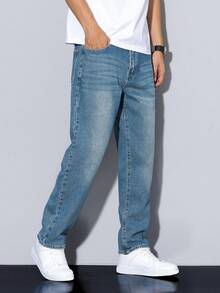 Manfinity Homme Jeans rectos de color liso con bolsillo para hombres, de uso versátil y casual - Azul - Ver 4