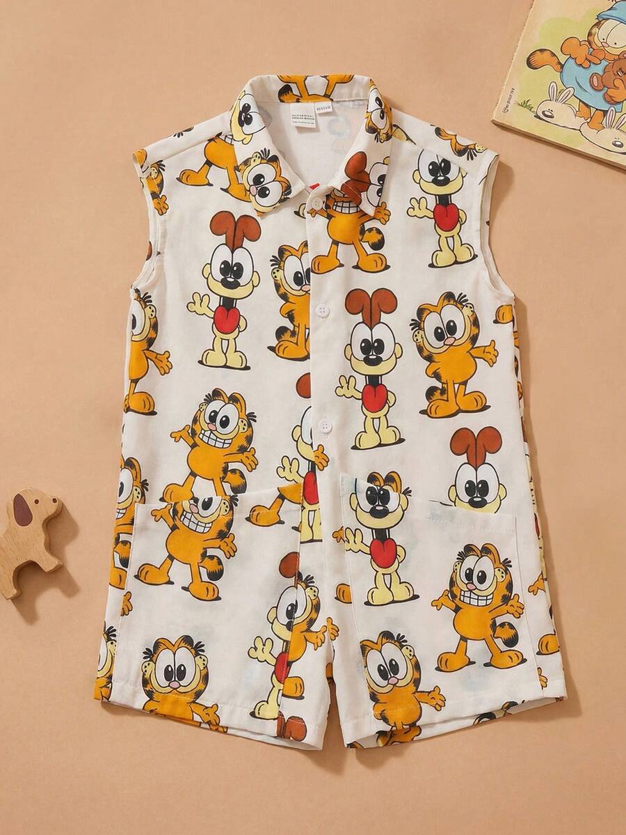 GARFIELD | SHEIN 1件可爱男婴舒适翻领无袖连体衣 - 彩色 - 查看 1