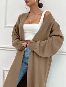 SHEIN Tall Cárdigan con bolsillos dobles y hombros caídos - Camel - Ver 3