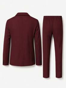 Manfinity Mode Setelan Jas Formal Pria Berkerah Notch dan Celana Panjang Model Single Breasted, Gaya Klasik, untuk Acara Resmi - Burgundy - View 2