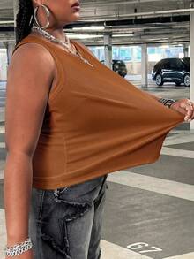 SHEIN CURVE+ 女款大尺碼休閒基礎修身白色圓領露肩背心，舒適面料，適合夏季 - 摩卡棕 - 查看 7