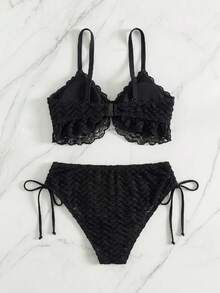 Swim Vcay 2pcs/Set Spring/Summer New Solid Color Thick Strap Ruffle Hem Pleated Lace Bikini Set With Triangle Bottom Beach Party Shorts Women Swimwear - Black - View 2