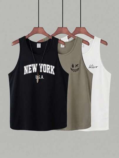 SHEIN 3pcs Tween Boy Casual Summer Tank Top Set,Navy Blue,White&Green Vest With English Graphic,Round Neck Basic Tee For Vacation,Independence Day Sports