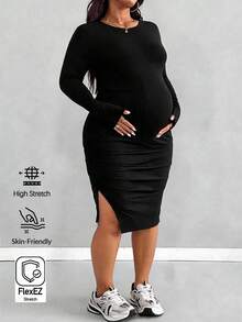 Plussiva Gaun Kasual Pas Badan Ukuran Plus untuk Ibu Hamil, Warna Polos, Leher Bulat, Lengan Panjang - Hitam - View 1