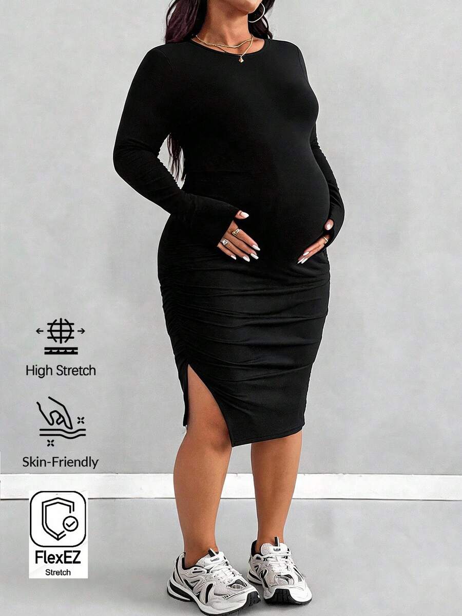 Plussiva Gaun Kasual Pas Badan Ukuran Plus untuk Ibu Hamil, Warna Polos, Leher Bulat, Lengan Panjang - Hitam - View 1