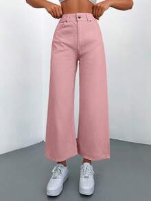 Cottnline High Waist Cropped Wide Leg Jeans - Pink - View 6