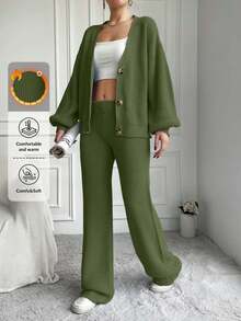 EURMUSE Women's Solid Color Long Sleeve Sweater & Pants 2 Pieces Set - Army Green - View 1